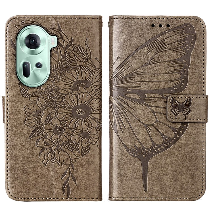 YB Imprinting Series-4 For Oppo Reno11 5G (Global) Case Leather+TPU Mobile Phone Cover with Butterfly Pattern - Grey