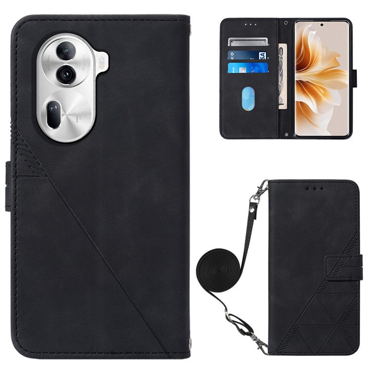 YB Imprinting Series-2 for Oppo Reno11 Pro 5G (Global) Case with Crossbody Strap Wallet PU Leather Phone Cover - Black