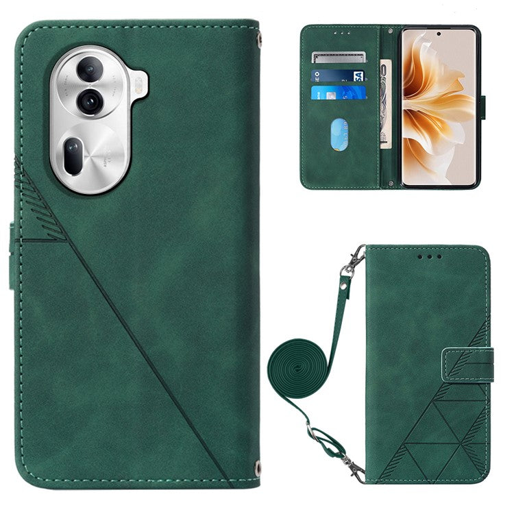 YB Imprinting Series-2 for Oppo Reno11 Pro 5G (Global) Case with Crossbody Strap Wallet PU Leather Phone Cover - Blackish Green