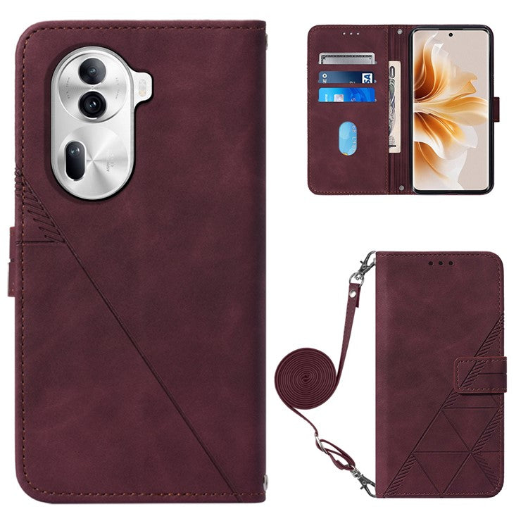 YB Imprinting Series-2 for Oppo Reno11 Pro 5G (Global) Case with Crossbody Strap Wallet PU Leather Phone Cover - Wine Red