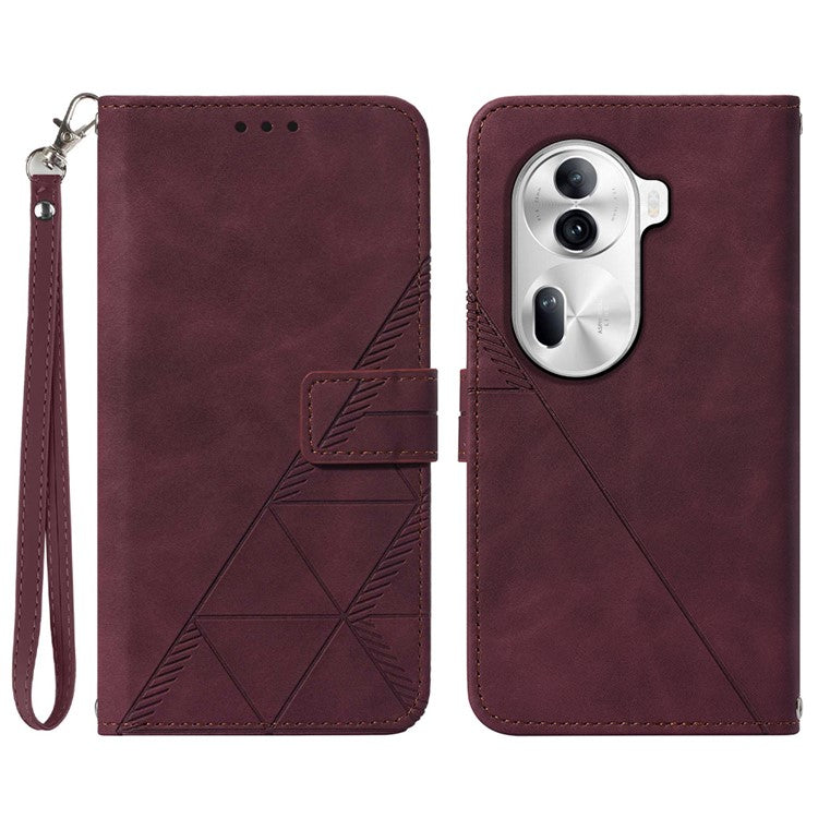 YB Imprinting Series-1 For Oppo Reno11 Pro 5G (Global) Case Leather Stand Flip Phone Cover with Hand Strap - Wine Red