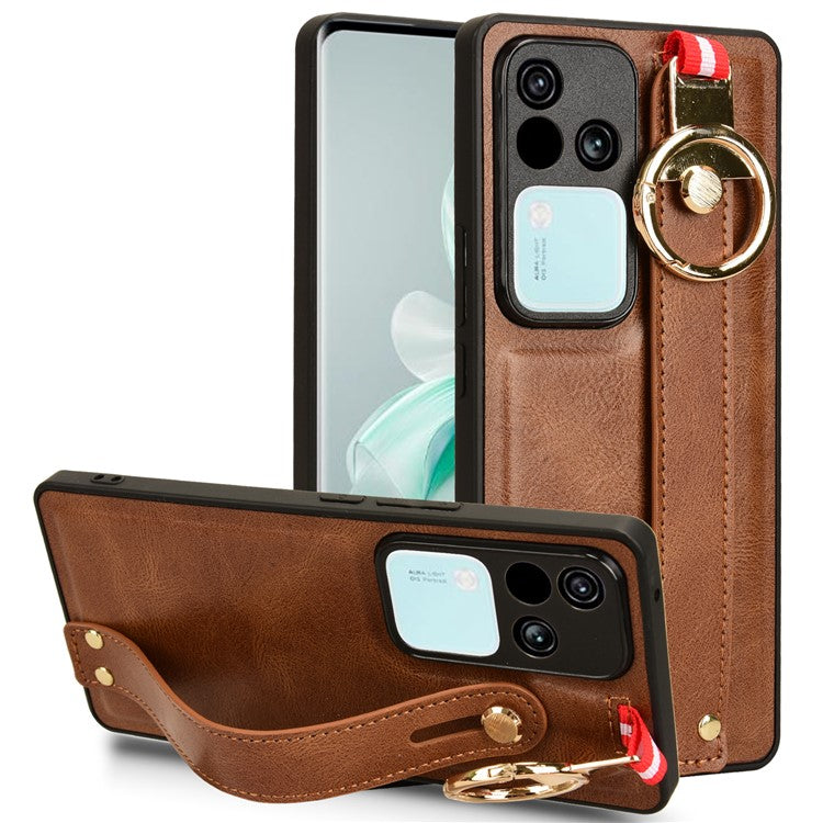 For vivo S18 5G / V30 5G Cell Phone Case PU Leather+PC+TPU Wristband Kickstand Protection Cover - Brown