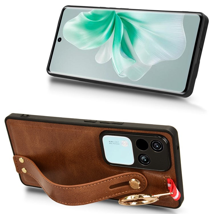 For vivo S18 5G / V30 5G Cell Phone Case PU Leather+PC+TPU Wristband Kickstand Protection Cover - Brown