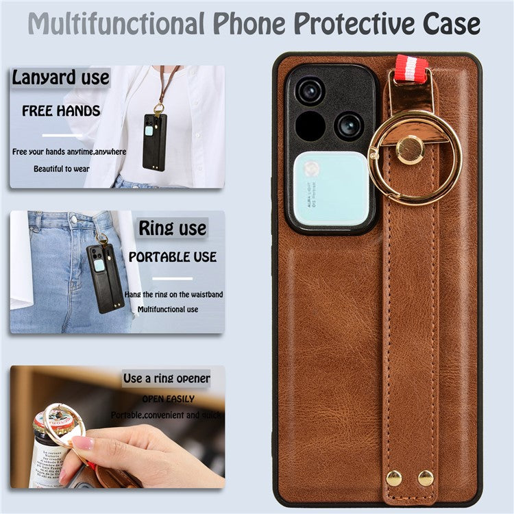 For vivo S18 5G / V30 5G Cell Phone Case PU Leather+PC+TPU Wristband Kickstand Protection Cover - Brown