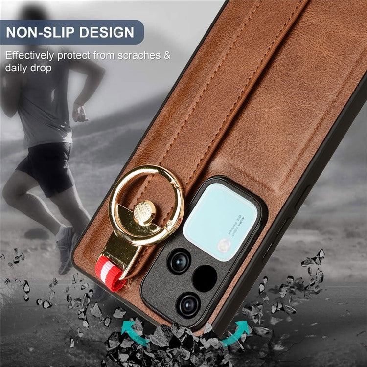 For vivo S18 5G / V30 5G Cell Phone Case PU Leather+PC+TPU Wristband Kickstand Protection Cover - Brown