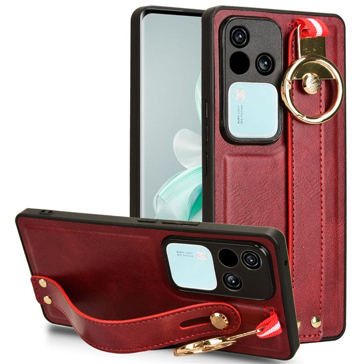 For vivo S18 5G / V30 5G Cell Phone Case PU Leather+PC+TPU Wristband Kickstand Protection Cover - Red