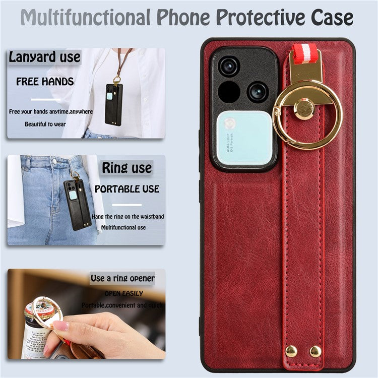 For vivo S18 5G / V30 5G Cell Phone Case PU Leather+PC+TPU Wristband Kickstand Protection Cover - Red