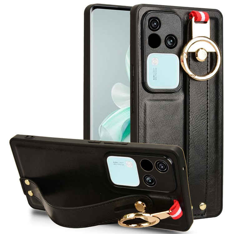 For vivo S18 5G / V30 5G Cell Phone Case PU Leather+PC+TPU Wristband Kickstand Protection Cover - Black