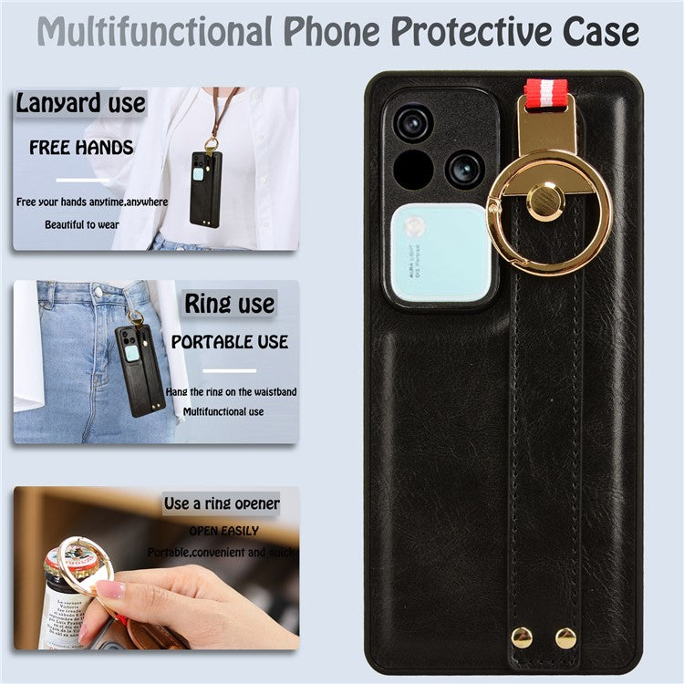 For vivo S18 5G / V30 5G Cell Phone Case PU Leather+PC+TPU Wristband Kickstand Protection Cover - Black