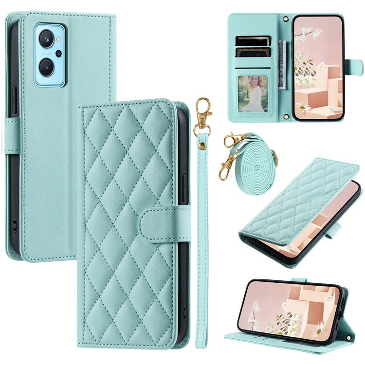 For Realme 9i 4G / Oppo A36 / A76 / A96 4G / K10 4G Case Rhombus Grid Leather Wallet Shockproof Phone Cover - Mint Green