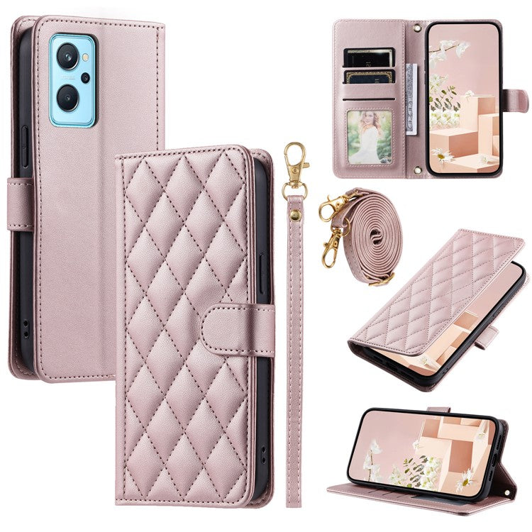 For Realme 9i 4G / Oppo A36 / A76 / A96 4G / K10 4G Case Rhombus Grid Leather Wallet Shockproof Phone Cover - Rose Gold