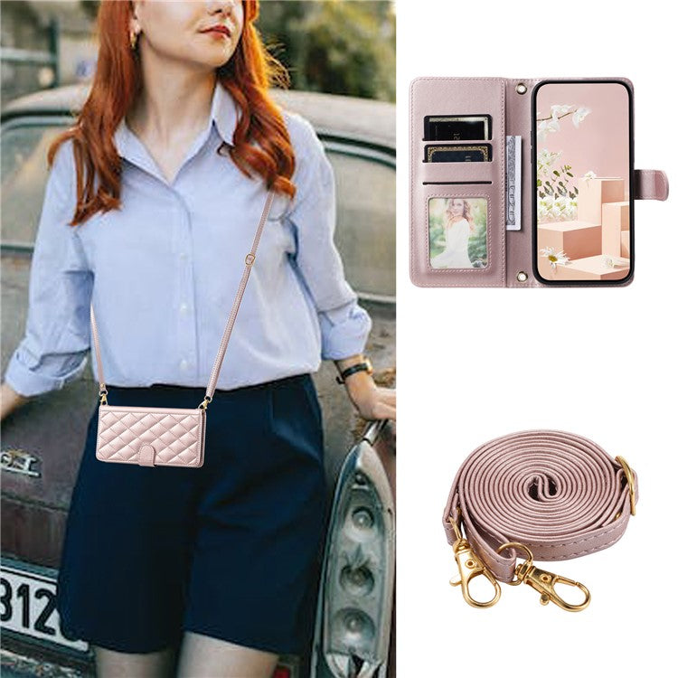 For Realme 9i 4G / Oppo A36 / A76 / A96 4G / K10 4G Case Rhombus Grid Leather Wallet Shockproof Phone Cover - Rose Gold