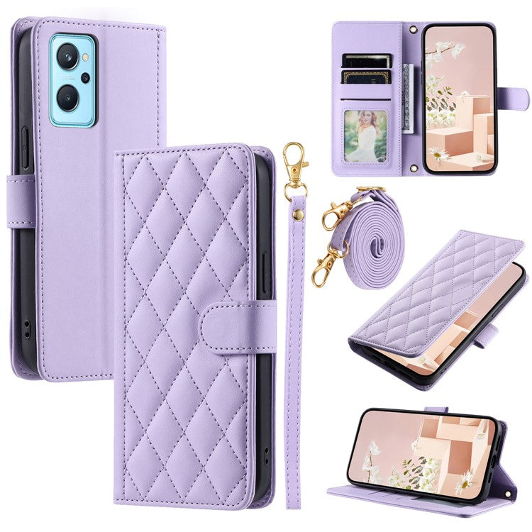 For Realme 9i 4G / Oppo A36 / A76 / A96 4G / K10 4G Case Rhombus Grid Leather Wallet Shockproof Phone Cover - Purple