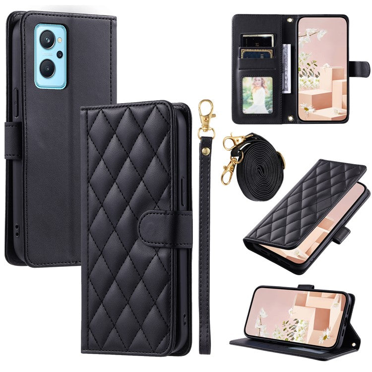 For Realme 9i 4G / Oppo A36 / A76 / A96 4G / K10 4G Case Rhombus Grid Leather Wallet Shockproof Phone Cover - Black