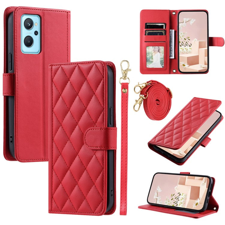 For Realme 9i 4G / Oppo A36 / A76 / A96 4G / K10 4G Case Rhombus Grid Leather Wallet Shockproof Phone Cover - Red