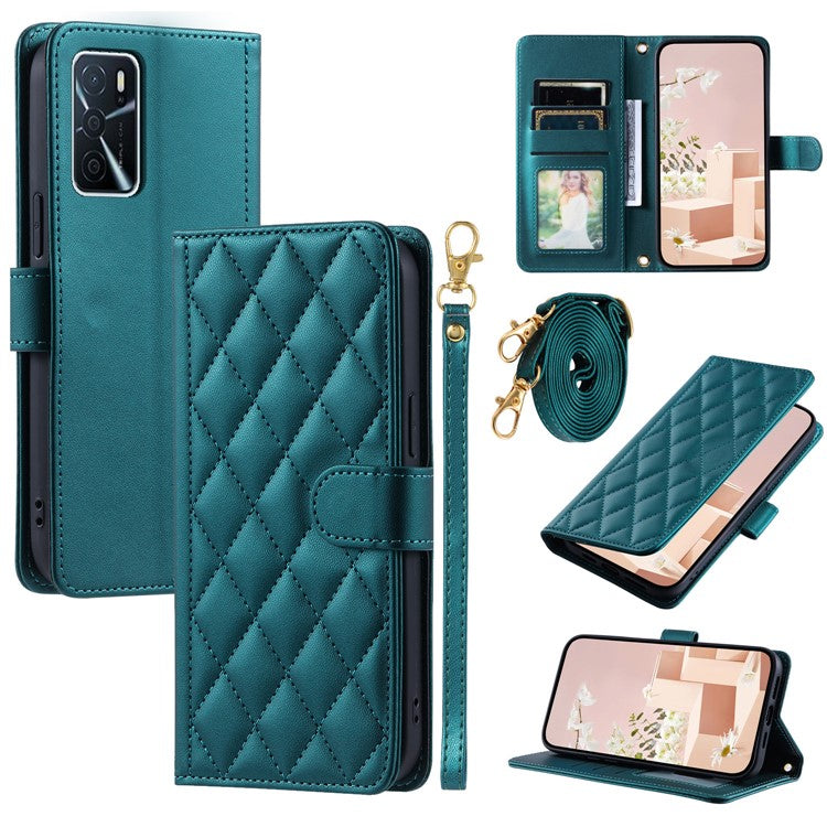 Wallet Case for Oppo A16 / A16s / A55 / A55 5G / A54 4G / A54s / A56 5G / Realme V11 5G , Rhombus Grid Card Holder Leather Phone Cover - Green