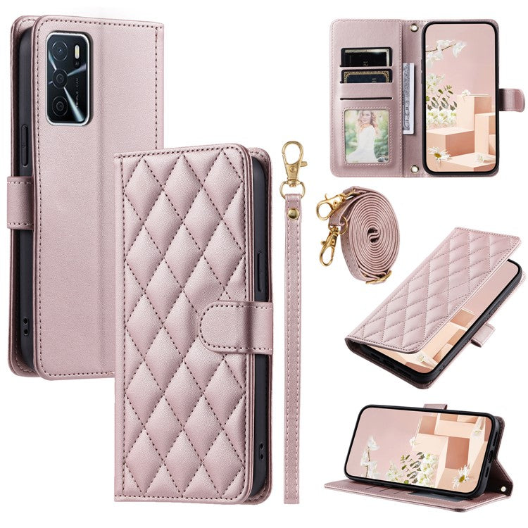 Wallet Case for Oppo A16 / A16s / A55 / A55 5G / A54 4G / A54s / A56 5G / Realme V11 5G , Rhombus Grid Card Holder Leather Phone Cover - Rose Gold