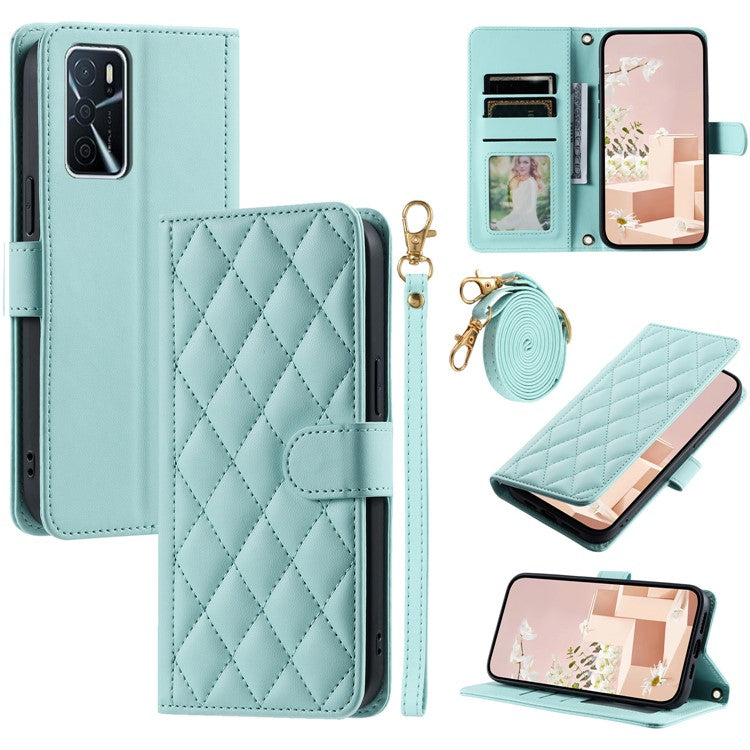 Wallet Case for Oppo A16 / A16s / A55 / A55 5G / A54 4G / A54s / A56 5G / Realme V11 5G , Rhombus Grid Card Holder Leather Phone Cover - Mint Green