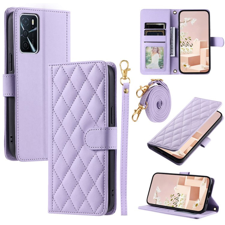 Wallet Case for Oppo A16 / A16s / A55 / A55 5G / A54 4G / A54s / A56 5G / Realme V11 5G , Rhombus Grid Card Holder Leather Phone Cover - Purple