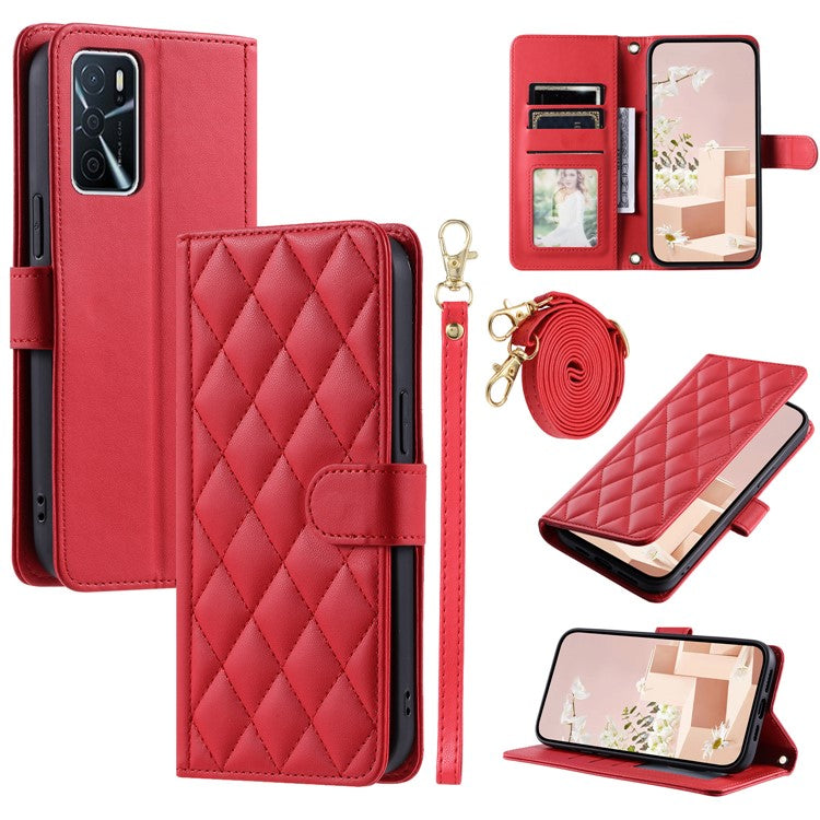 Wallet Case for Oppo A16 / A16s / A55 / A55 5G / A54 4G / A54s / A56 5G / Realme V11 5G , Rhombus Grid Card Holder Leather Phone Cover - Red