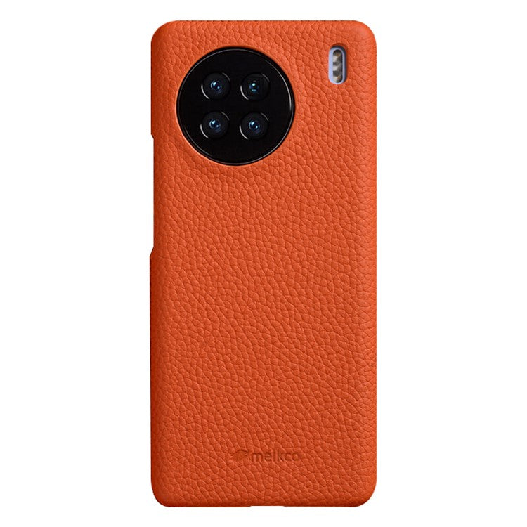 MELKCO Cellphone Case for vivo X90 5G Anti-shock Genuine Cow Leather Coated PC Cover - Orange