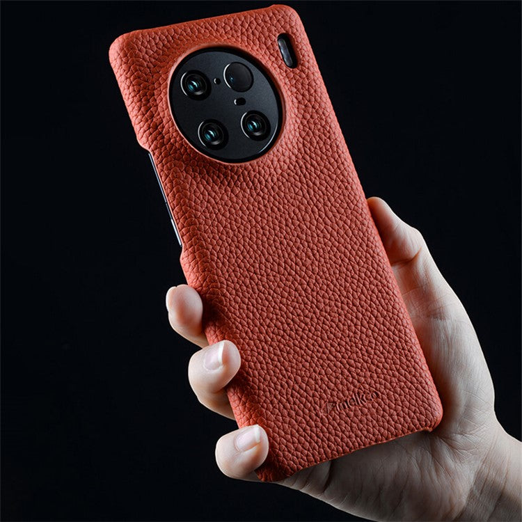 MELKCO Cellphone Case for vivo X90 5G Anti-shock Genuine Cow Leather Coated PC Cover - Orange