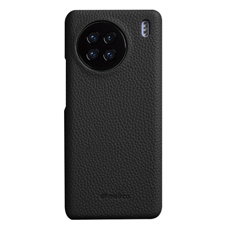 MELKCO Cellphone Case for vivo X90 5G Anti-shock Genuine Cow Leather Coated PC Cover - Black