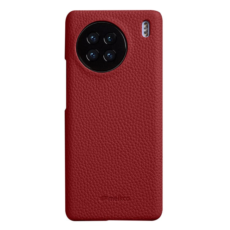 MELKCO Cellphone Case for vivo X90 5G Anti-shock Genuine Cow Leather Coated PC Cover - Red