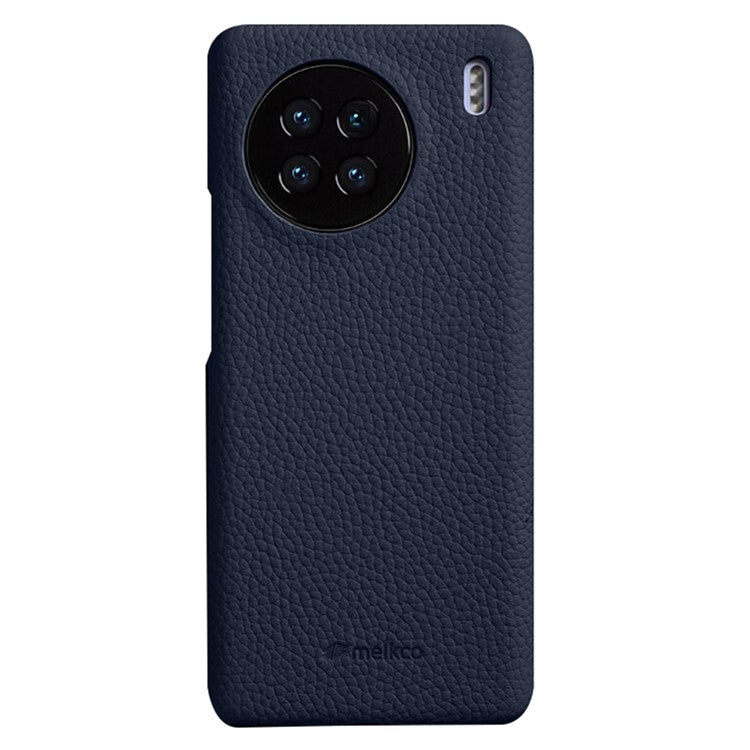 MELKCO Cellphone Case for vivo X90 5G Anti-shock Genuine Cow Leather Coated PC Cover - Dark Blue