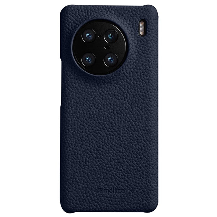 MELKCO For vivo X90 Pro 5G Incomplete Edge Shock-absorbing Phone Case Genuine Cow Leather Coated PC Cover - Dark Blue