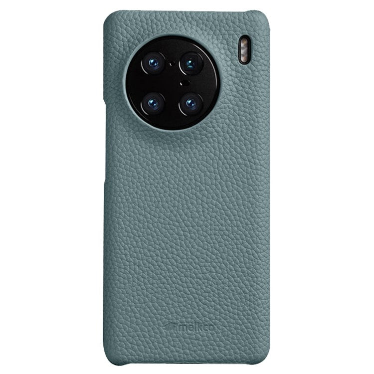 MELKCO For vivo X90 Pro 5G Incomplete Edge Shock-absorbing Phone Case Genuine Cow Leather Coated PC Cover - Baby Blue