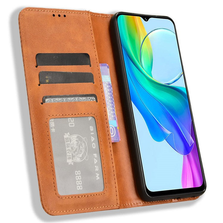 For vivo Y28s 5G / T3 Lite 5G / Y03 / Y18 4G / Y18e 4G Case Wallet Magnetic Closure Leather Retro Phone Cover - Brown