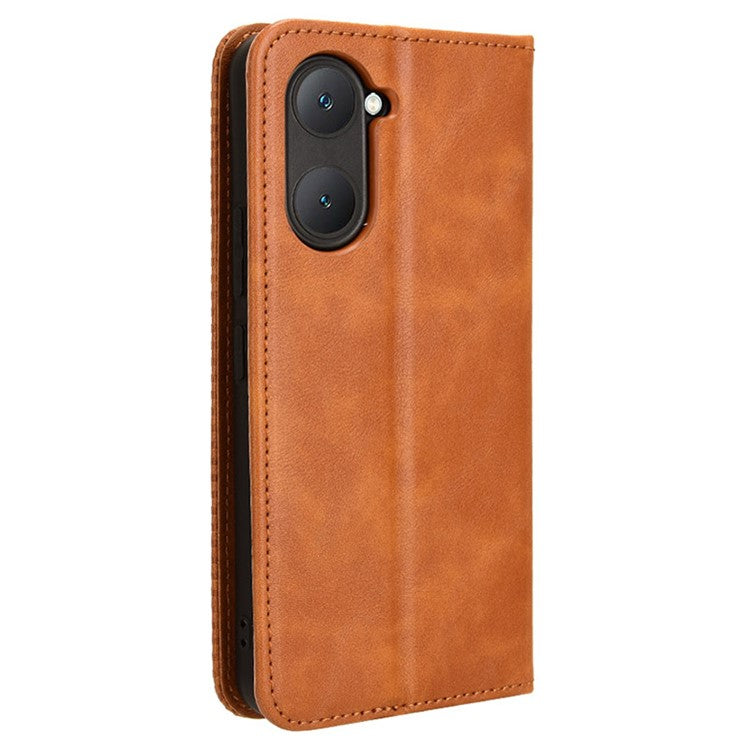 For vivo Y28s 5G / T3 Lite 5G / Y03 / Y18 4G / Y18e 4G Case Wallet Magnetic Closure Leather Retro Phone Cover - Brown