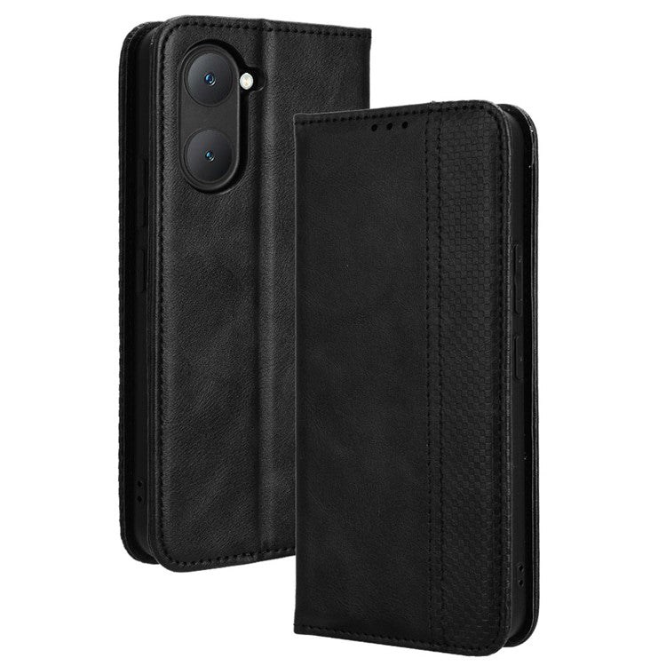 For vivo Y28s 5G / T3 Lite 5G / Y03 / Y18 4G / Y18e 4G Case Wallet Magnetic Closure Leather Retro Phone Cover - Black