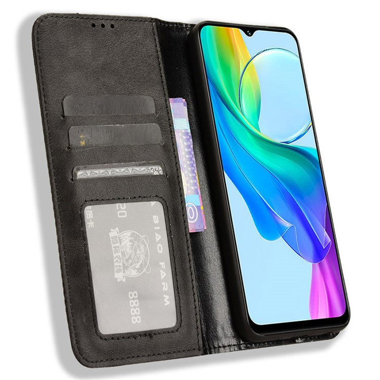 For vivo Y28s 5G / T3 Lite 5G / Y03 / Y18 4G / Y18e 4G Case Wallet Magnetic Closure Leather Retro Phone Cover - Black