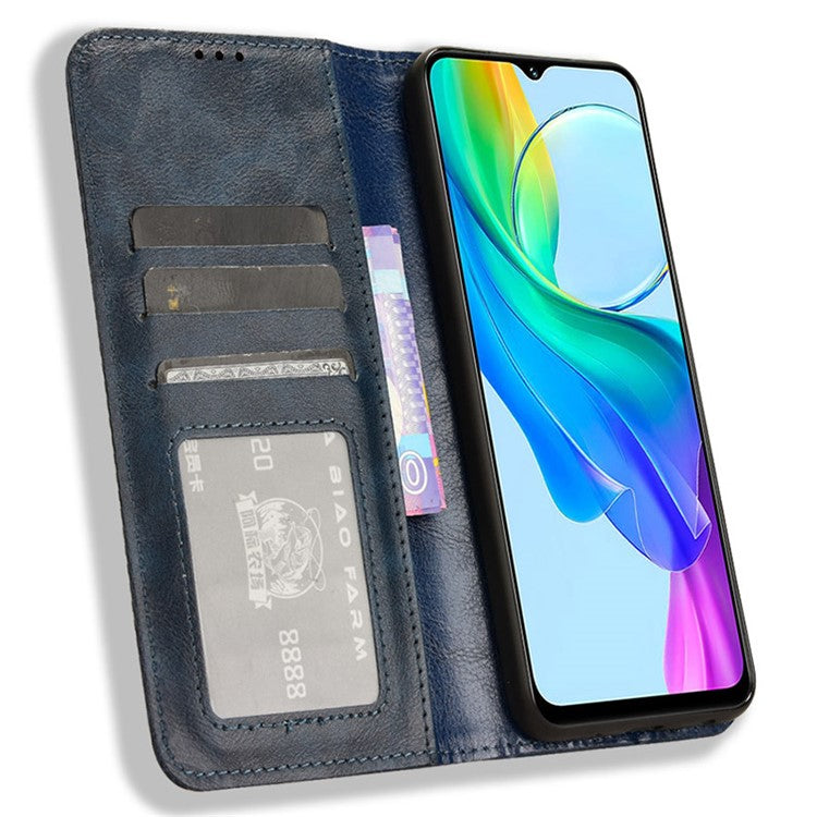 For vivo Y28s 5G / T3 Lite 5G / Y03 / Y18 4G / Y18e 4G Case Wallet Magnetic Closure Leather Retro Phone Cover - Blue