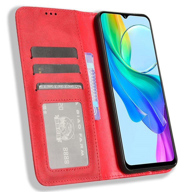 For vivo Y28s 5G / T3 Lite 5G / Y03 / Y18 4G / Y18e 4G Case Wallet Magnetic Closure Leather Retro Phone Cover - Red