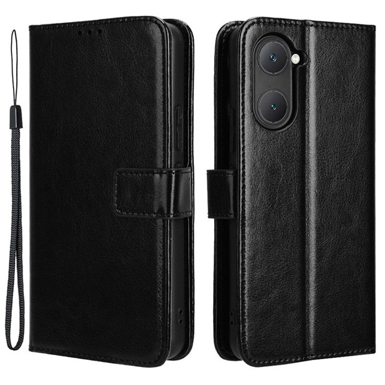 For vivo Y28s 5G / T3 Lite 5G / Y03 / Y18 4G / Y18e 4G Leather Case Crazy Horse Texture Folio Flip Wallet Phone Cover - Black