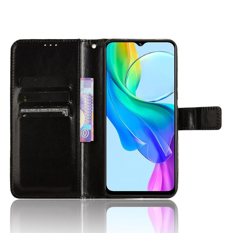 For vivo Y28s 5G / T3 Lite 5G / Y03 / Y18 4G / Y18e 4G Leather Case Crazy Horse Texture Folio Flip Wallet Phone Cover - Black