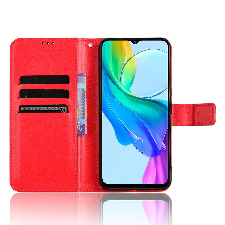 For vivo Y28s 5G / T3 Lite 5G / Y03 / Y18 4G / Y18e 4G Leather Case Crazy Horse Texture Folio Flip Wallet Phone Cover - Red