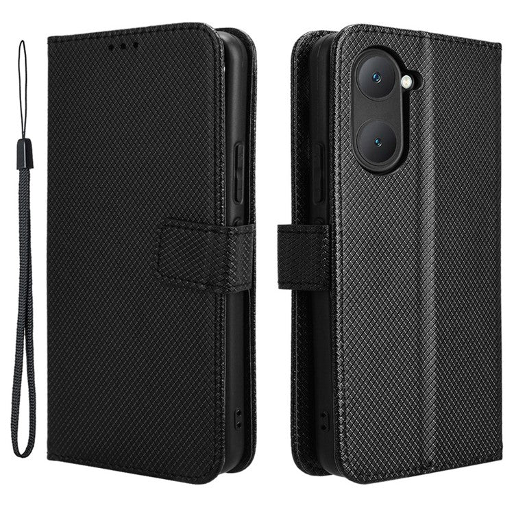 For vivo Y28s 5G / T3 Lite 5G / Y03 / Y18 4G / Y18e 4G Wallet Case Diamond Texture Stand PU Leather Phone Cover - Black