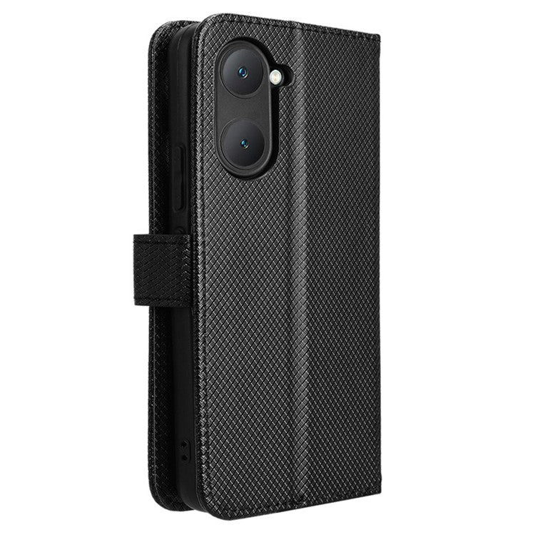 For vivo Y28s 5G / T3 Lite 5G / Y03 / Y18 4G / Y18e 4G Wallet Case Diamond Texture Stand PU Leather Phone Cover - Black