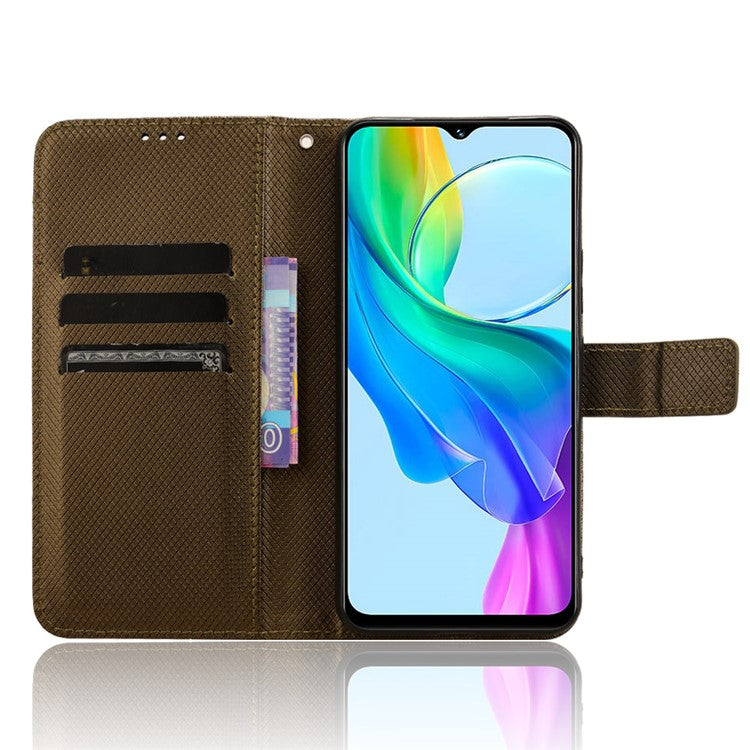 For vivo Y28s 5G / T3 Lite 5G / Y03 / Y18 4G / Y18e 4G Wallet Case Diamond Texture Stand PU Leather Phone Cover - Brown