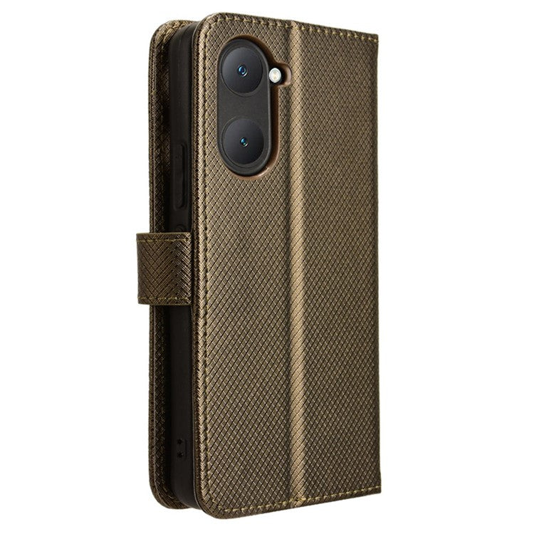 For vivo Y28s 5G / T3 Lite 5G / Y03 / Y18 4G / Y18e 4G Wallet Case Diamond Texture Stand PU Leather Phone Cover - Brown