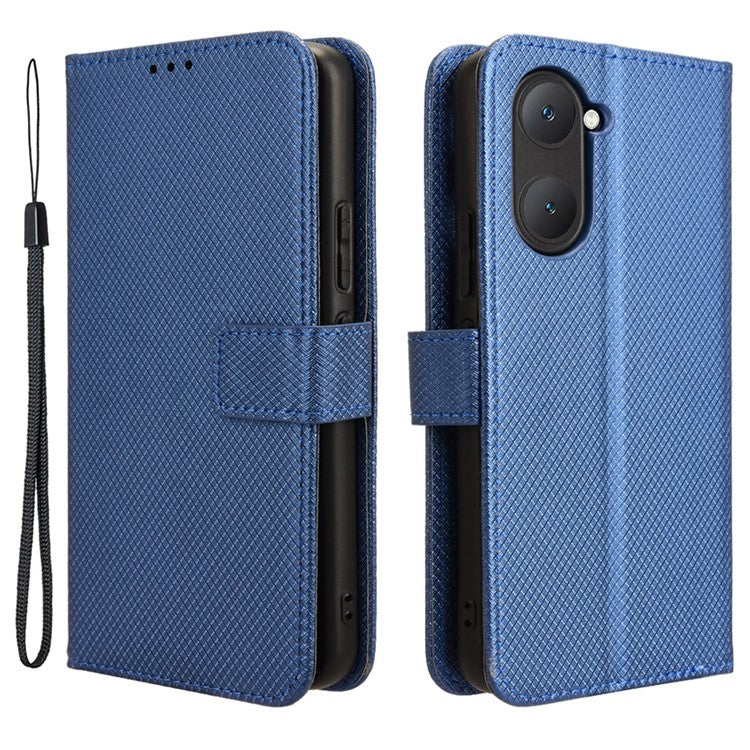 For vivo Y28s 5G / T3 Lite 5G / Y03 / Y18 4G / Y18e 4G Wallet Case Diamond Texture Stand PU Leather Phone Cover - Blue