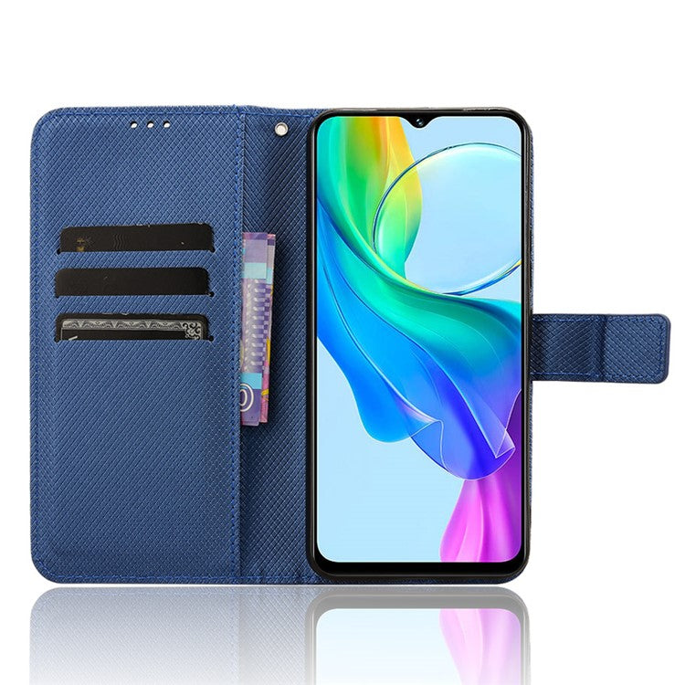 For vivo Y28s 5G / T3 Lite 5G / Y03 / Y18 4G / Y18e 4G Wallet Case Diamond Texture Stand PU Leather Phone Cover - Blue