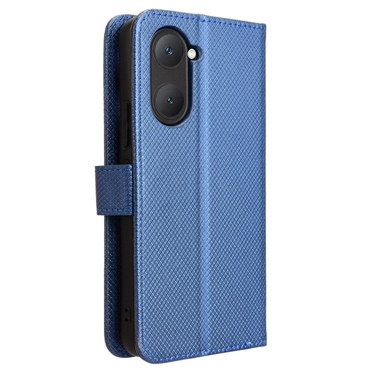 For vivo Y28s 5G / T3 Lite 5G / Y03 / Y18 4G / Y18e 4G Wallet Case Diamond Texture Stand PU Leather Phone Cover - Blue