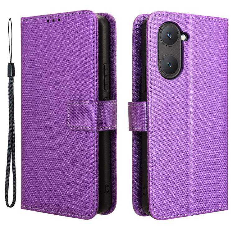 For vivo Y28s 5G / T3 Lite 5G / Y03 / Y18 4G / Y18e 4G Wallet Case Diamond Texture Stand PU Leather Phone Cover - Purple