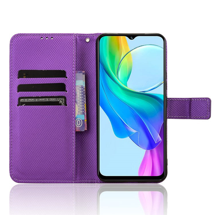 For vivo Y28s 5G / T3 Lite 5G / Y03 / Y18 4G / Y18e 4G Wallet Case Diamond Texture Stand PU Leather Phone Cover - Purple