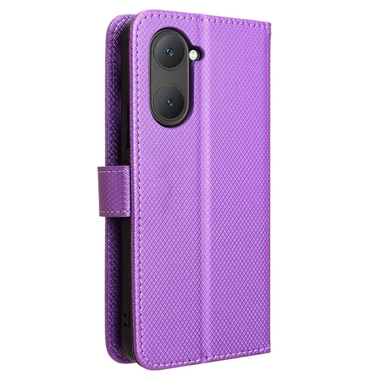 For vivo Y28s 5G / T3 Lite 5G / Y03 / Y18 4G / Y18e 4G Wallet Case Diamond Texture Stand PU Leather Phone Cover - Purple